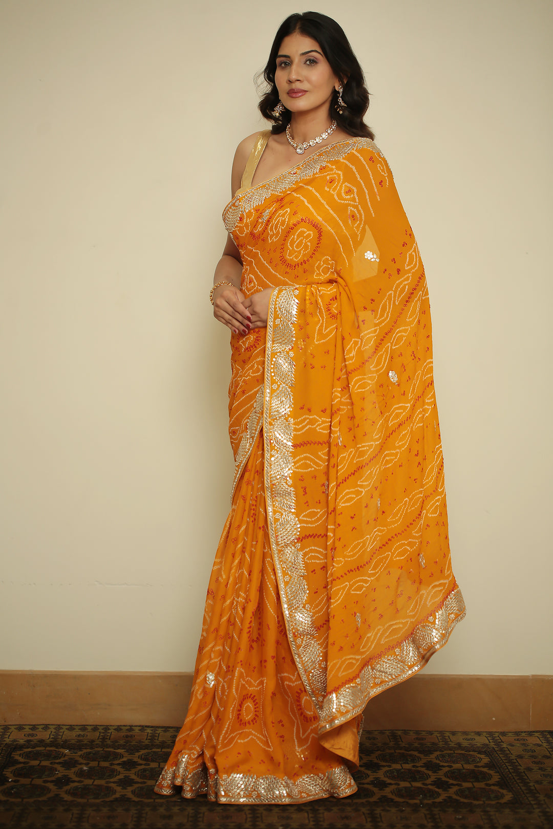 Bandhej chinon Saree with Dori, Gota, Gota Patti, Zardozi work.