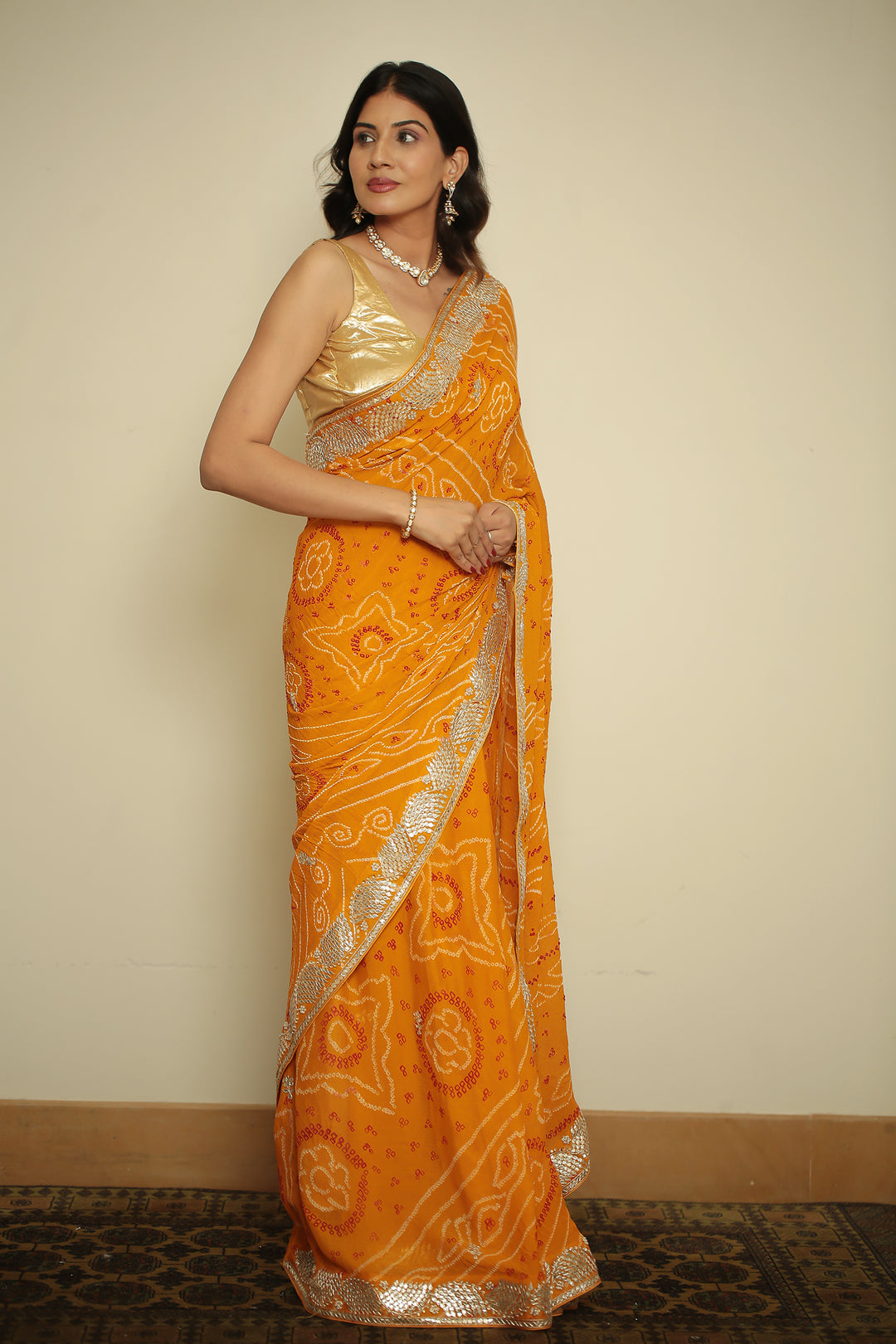 Bandhej chinon Saree with Dori, Gota, Gota Patti, Zardozi work.