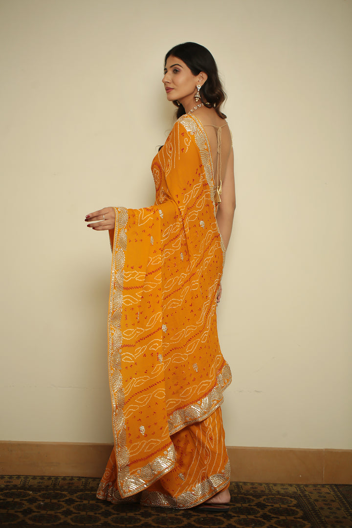 Bandhej chinon Saree with Dori, Gota, Gota Patti, Zardozi work.