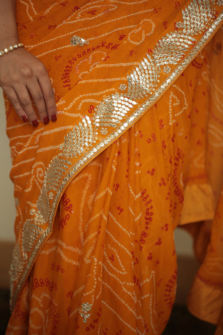 Bandhej chinon Saree with Dori, Gota, Gota Patti, Zardozi work.