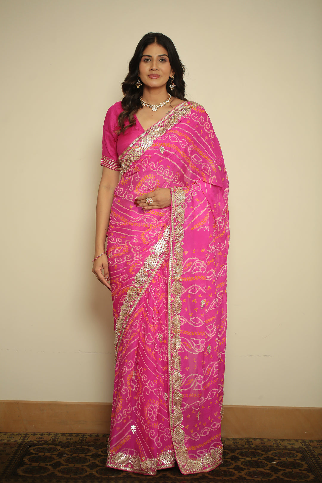 Bandhej chinon Saree with Dori, Gota, Gota Patti, Zardozi work.