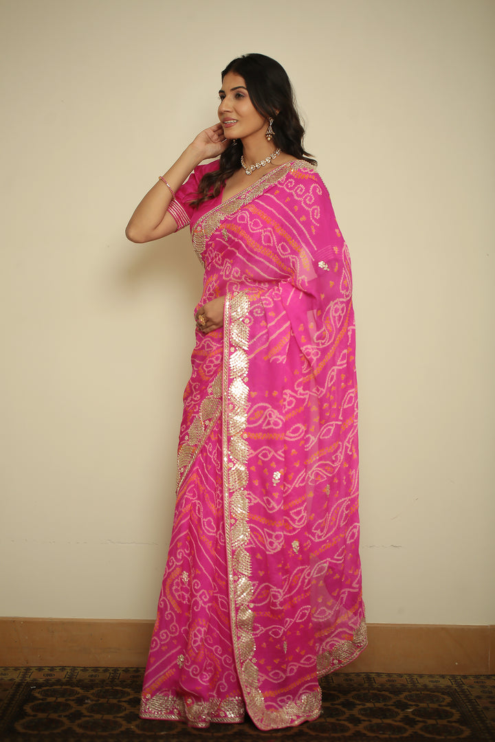 Bandhej chinon Saree with Dori, Gota, Gota Patti, Zardozi work.
