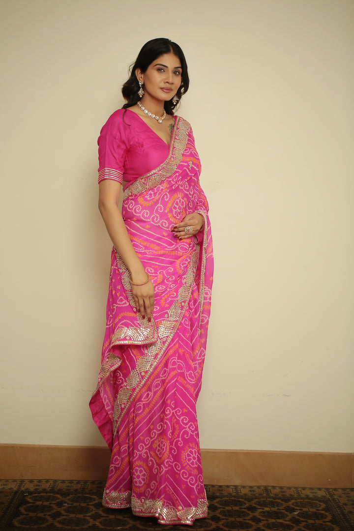 Bandhej chinon Saree with Dori, Gota, Gota Patti, Zardozi work.