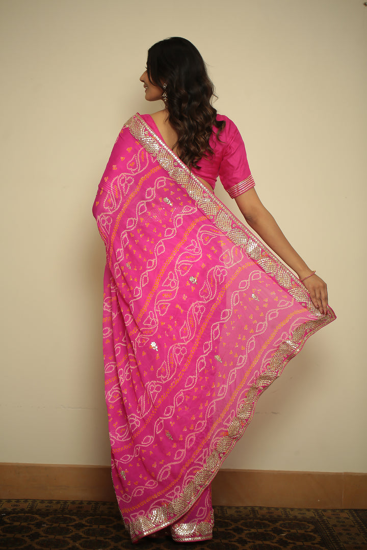 Bandhej chinon Saree with Dori, Gota, Gota Patti, Zardozi work.
