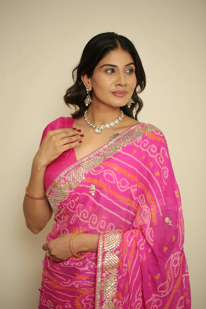 Bandhej chinon Saree with Dori, Gota, Gota Patti, Zardozi work.