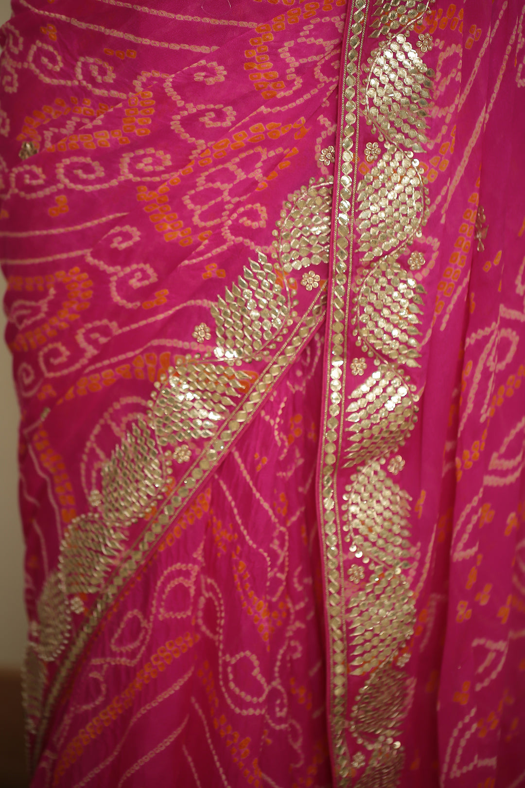 Bandhej chinon Saree with Dori, Gota, Gota Patti, Zardozi work.