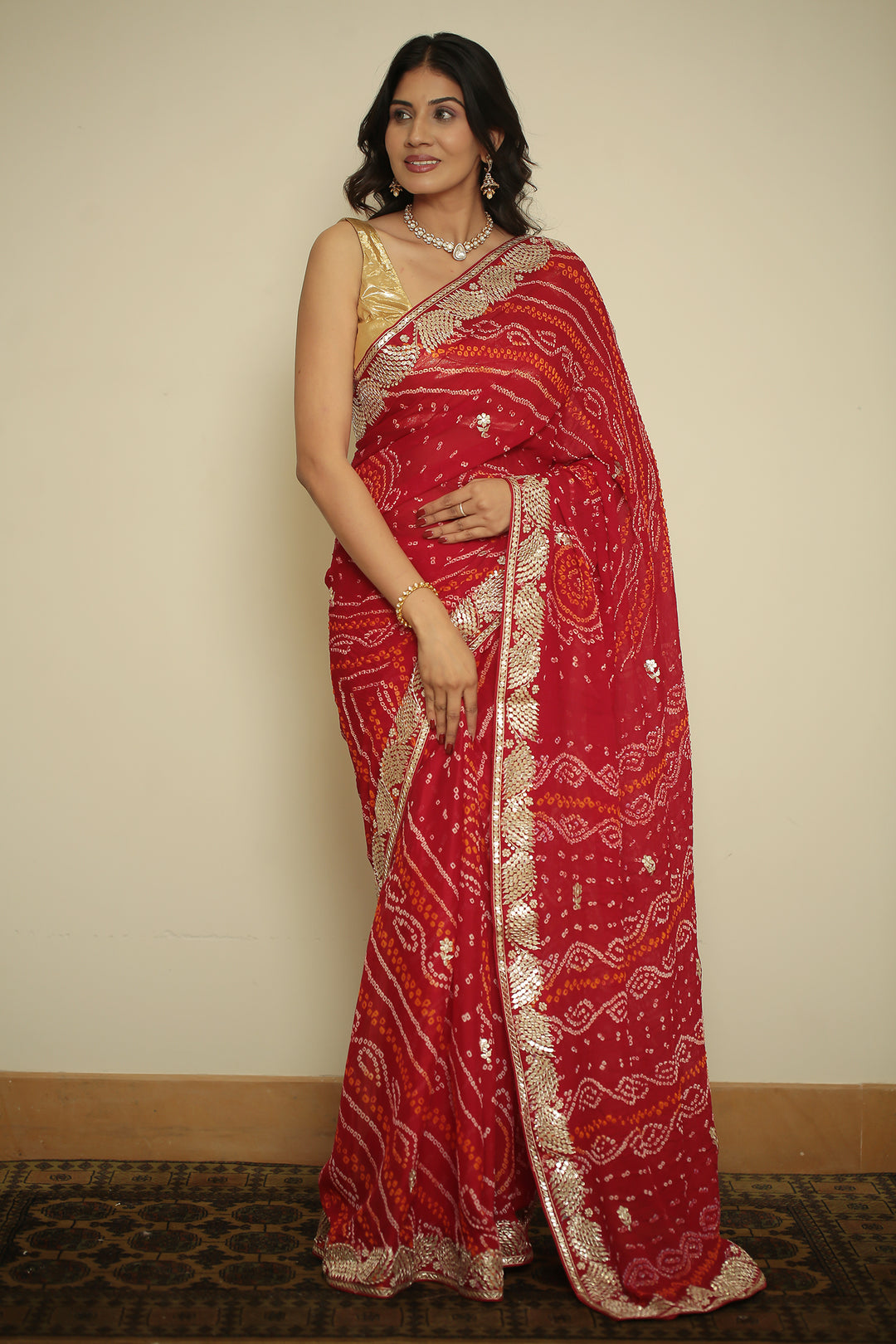chinon Saree with Dori, Gota, Gota Patti, Zardozi work.