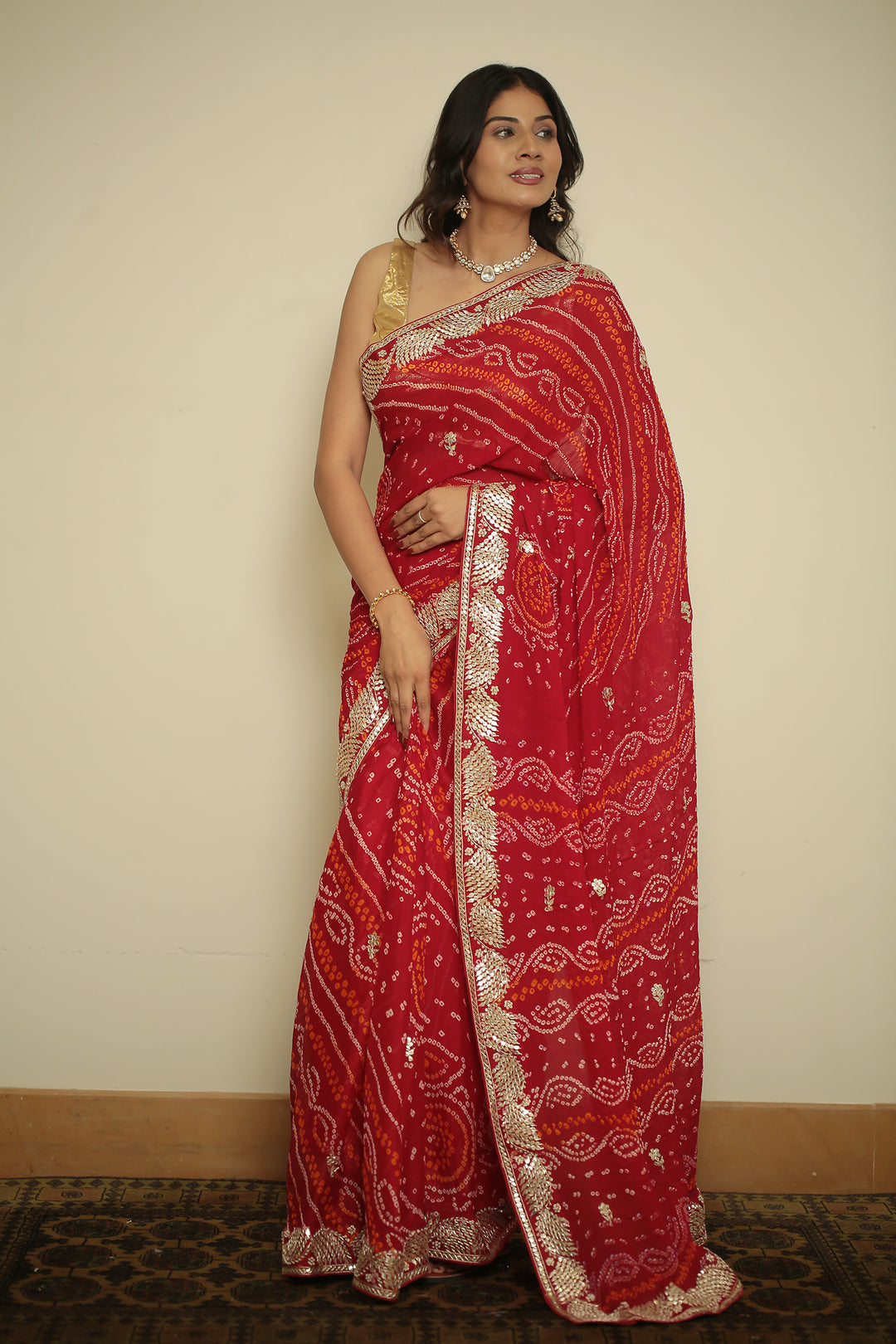 chinon Saree with Dori, Gota, Gota Patti, Zardozi work.