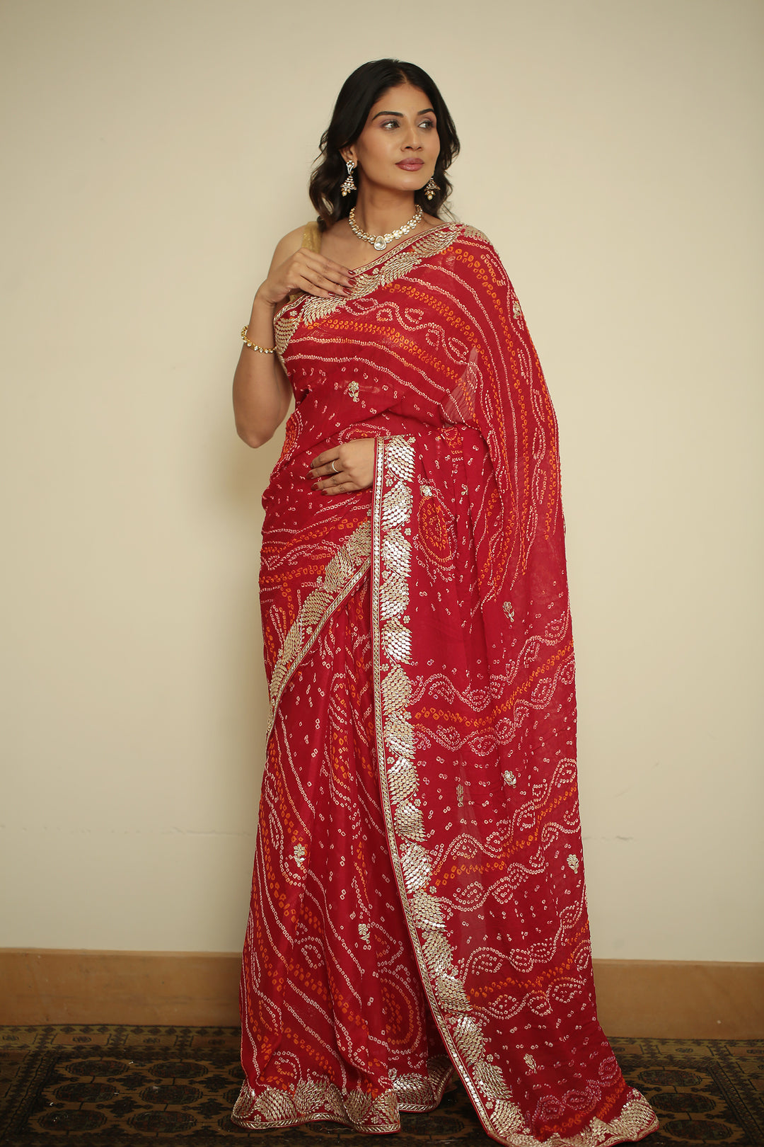chinon Saree with Dori, Gota, Gota Patti, Zardozi work.