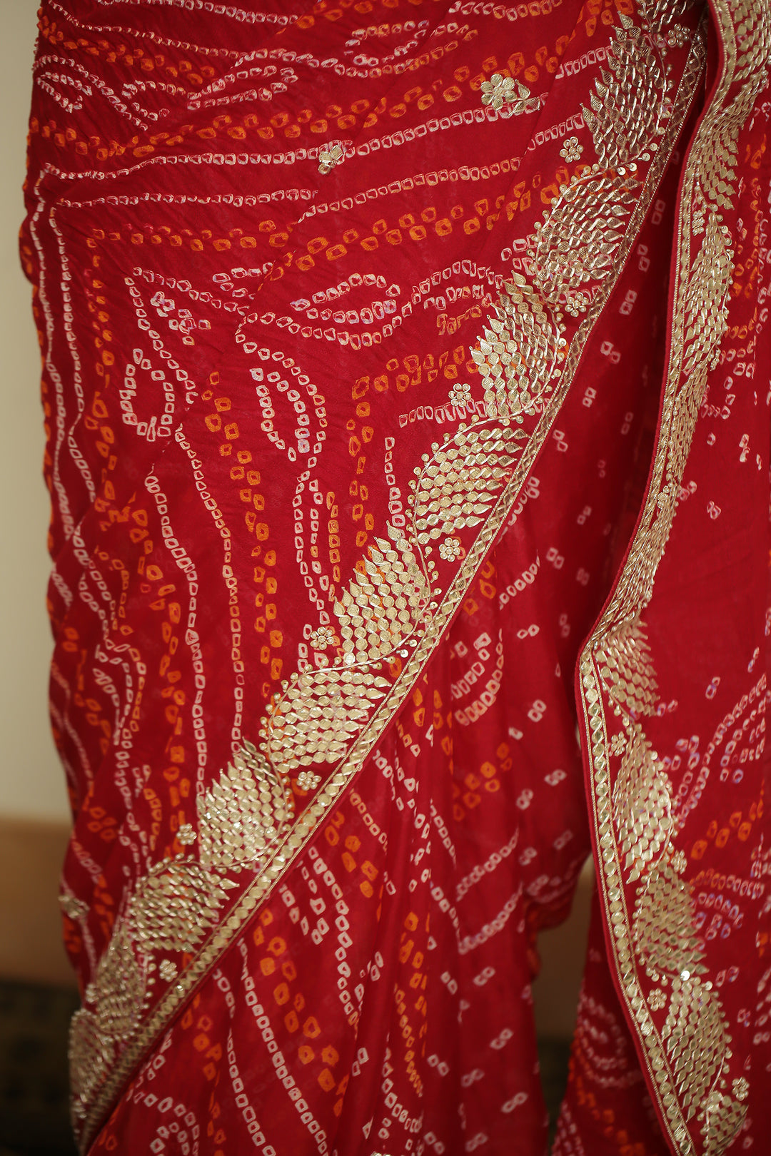 chinon Saree with Dori, Gota, Gota Patti, Zardozi work.