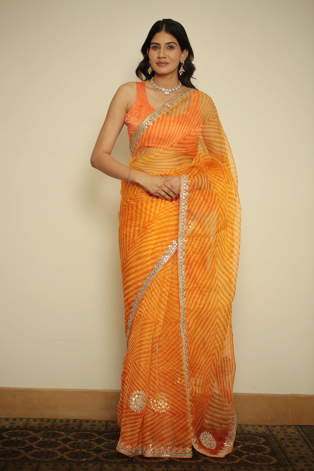 organza laheriya Saree with Dori, Gota, Gota Patti, Pearl, Zardozi work.