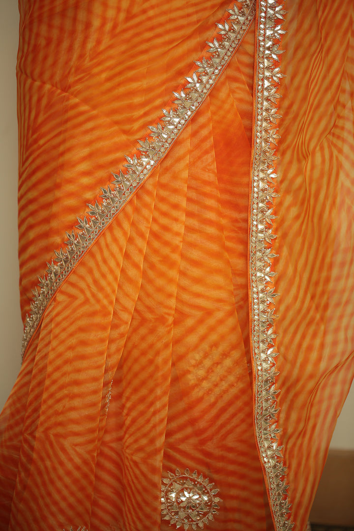 organza laheriya Saree with Dori, Gota, Gota Patti, Pearl, Zardozi work.
