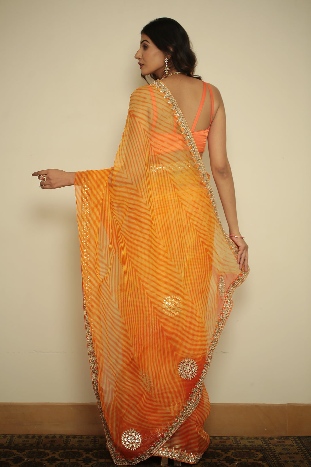 organza laheriya Saree with Dori, Gota, Gota Patti, Pearl, Zardozi work.
