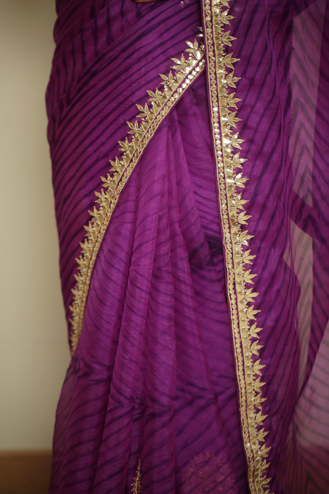 organza laheriya Saree with Dori, Gota, Gota Patti, Pearl, Zardozi work.