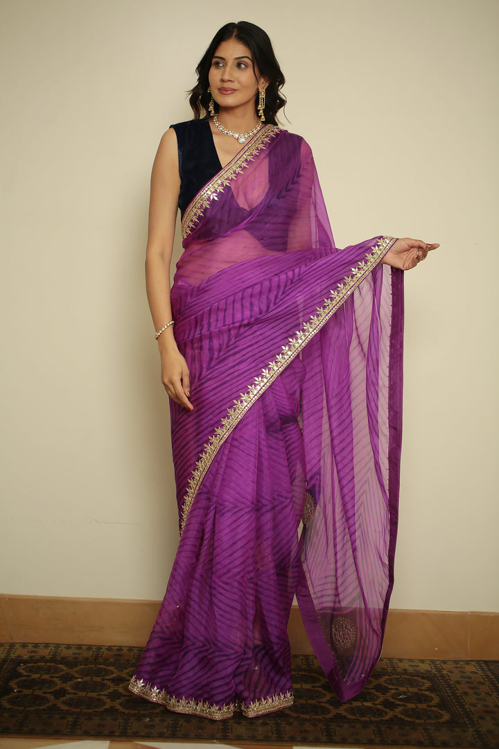 organza laheriya Saree with Dori, Gota, Gota Patti, Pearl, Zardozi work.