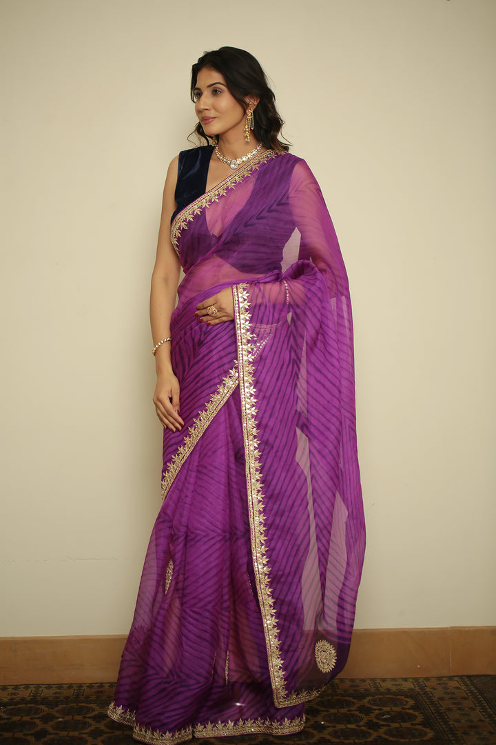 organza laheriya Saree with Dori, Gota, Gota Patti, Pearl, Zardozi work.