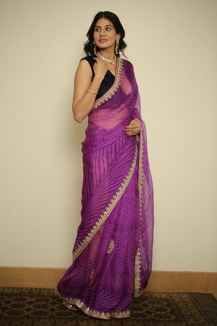 organza laheriya Saree with Dori, Gota, Gota Patti, Pearl, Zardozi work.