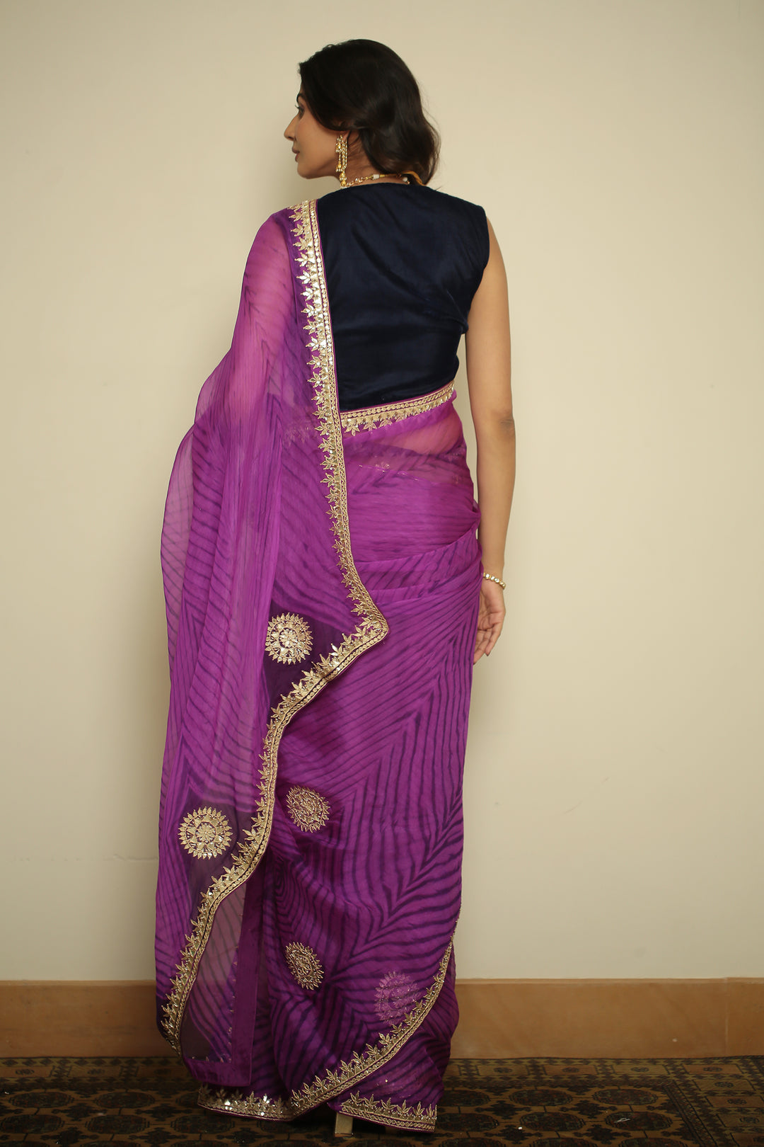 organza laheriya Saree with Dori, Gota, Gota Patti, Pearl, Zardozi work.