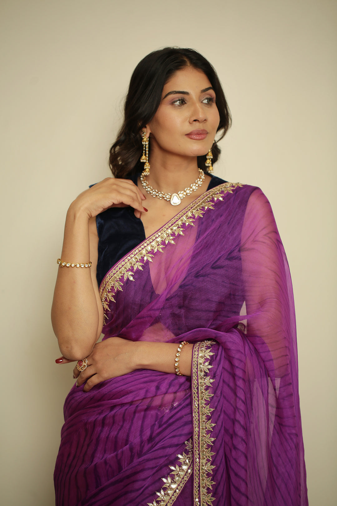 organza laheriya Saree with Dori, Gota, Gota Patti, Pearl, Zardozi work.