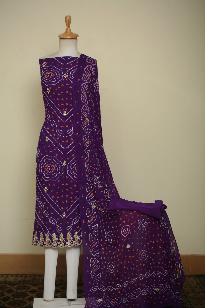 Bandhej Chinon Unstitched Suit with Dori, Gota, Gota Patti, Zardozi, Zari work.