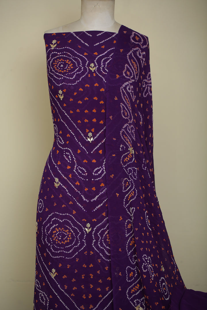 Bandhej Chinon Unstitched Suit with Dori, Gota, Gota Patti, Zardozi, Zari work.