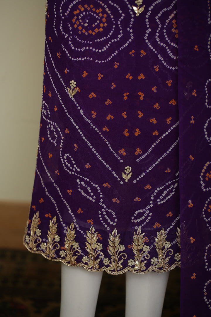 Bandhej Chinon Unstitched Suit with Dori, Gota, Gota Patti, Zardozi, Zari work.
