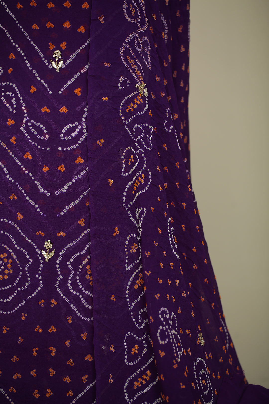Bandhej Chinon Unstitched Suit with Dori, Gota, Gota Patti, Zardozi, Zari work.