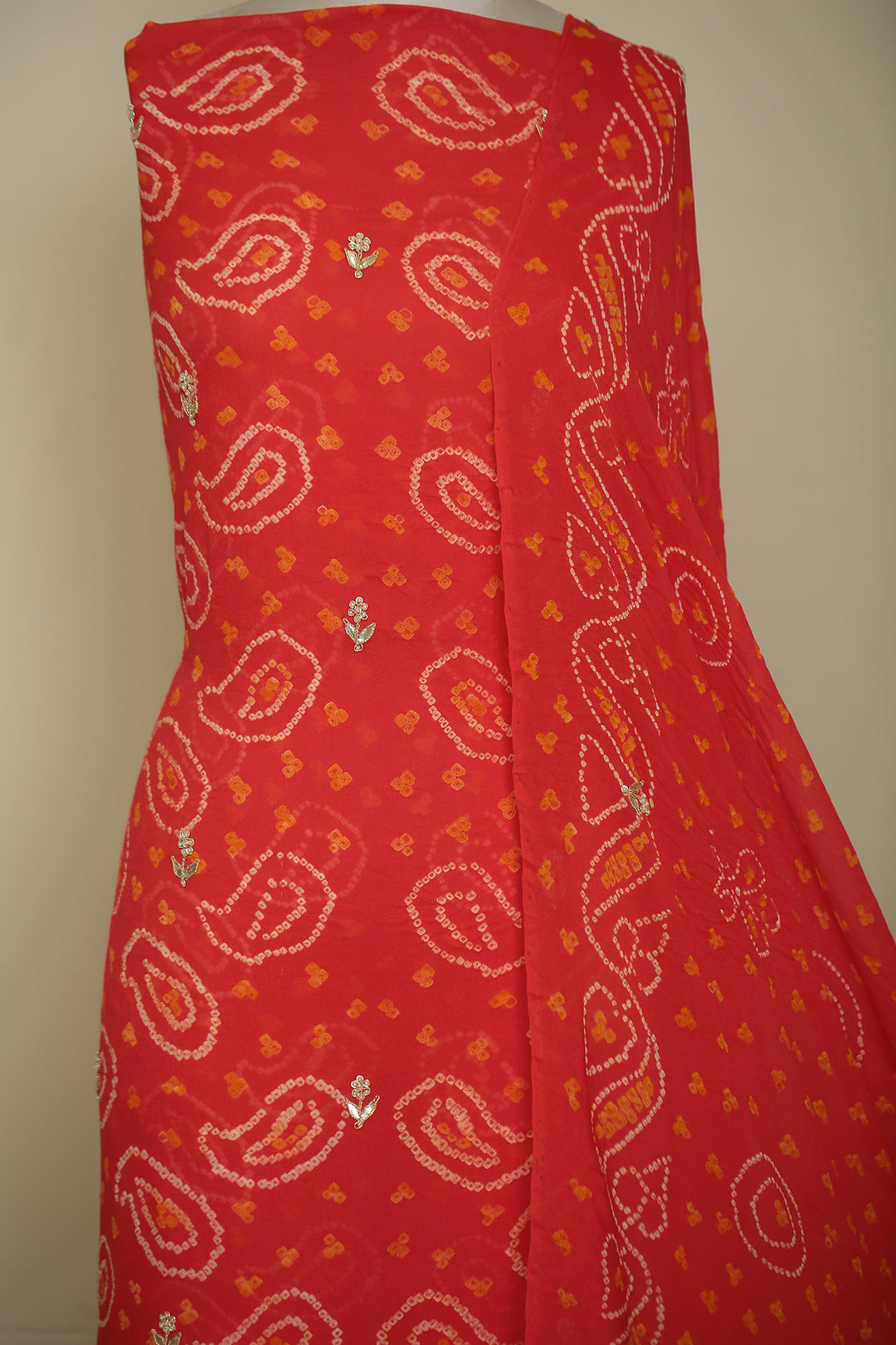 Bandhej Chinon Unstitched Suit with Dori, Gota, Gota Patti, Zardozi, Zari work.