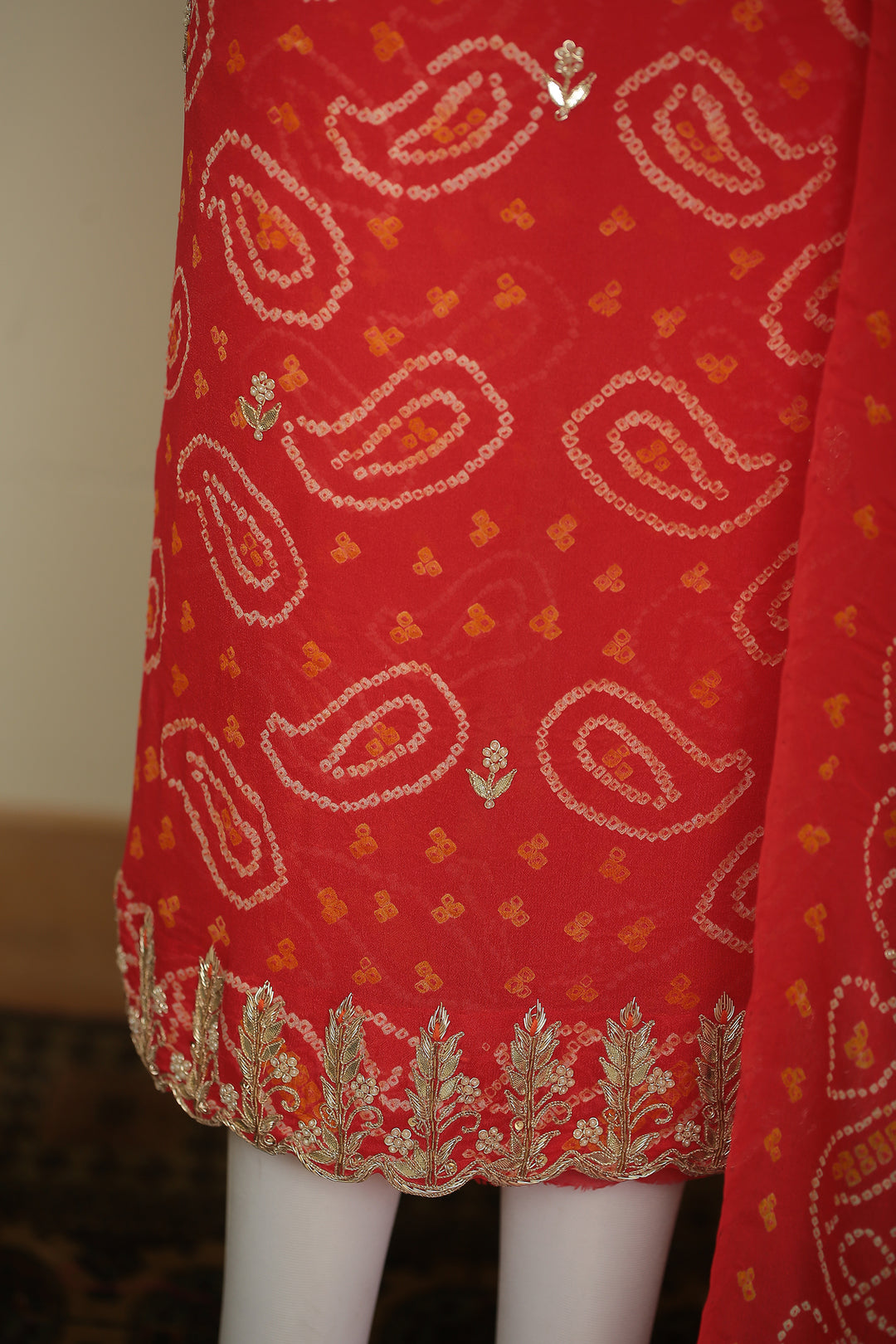 Bandhej Chinon Unstitched Suit with Dori, Gota, Gota Patti, Zardozi, Zari work.