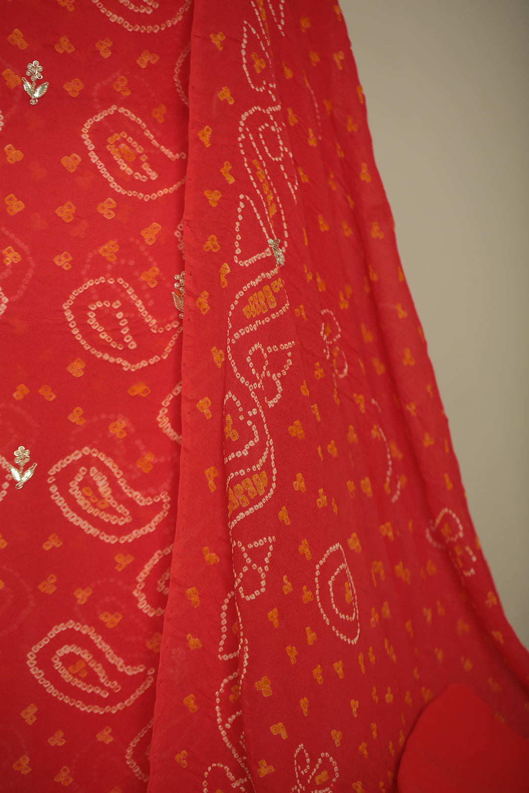 Bandhej Chinon Unstitched Suit with Dori, Gota, Gota Patti, Zardozi, Zari work.
