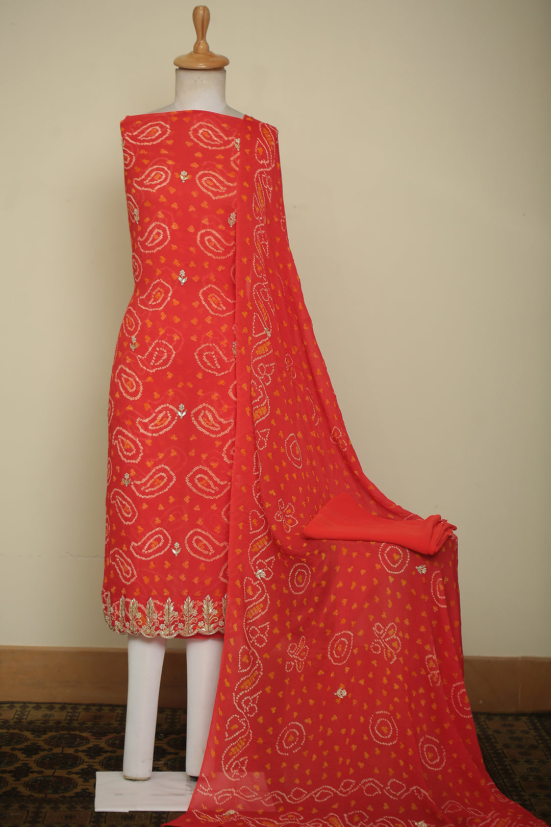 Bandhej Chinon Unstitched Suit with Dori, Gota, Gota Patti, Zardozi, Zari work.