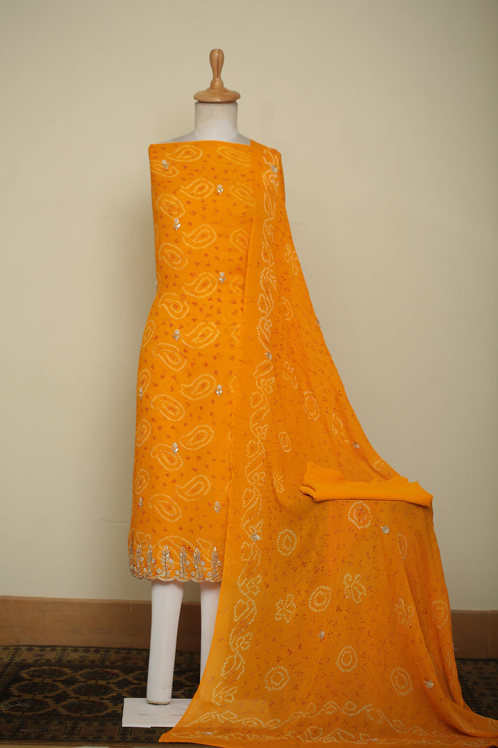 Bandhej Chinon Unstitched Suit with Dori, Gota, Gota Patti, Zardozi, Zari work.