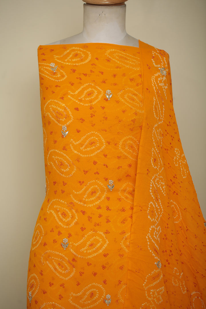 Bandhej Chinon Unstitched Suit with Dori, Gota, Gota Patti, Zardozi, Zari work.