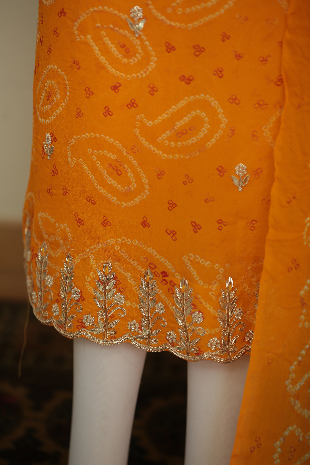 Bandhej Chinon Unstitched Suit with Dori, Gota, Gota Patti, Zardozi, Zari work.