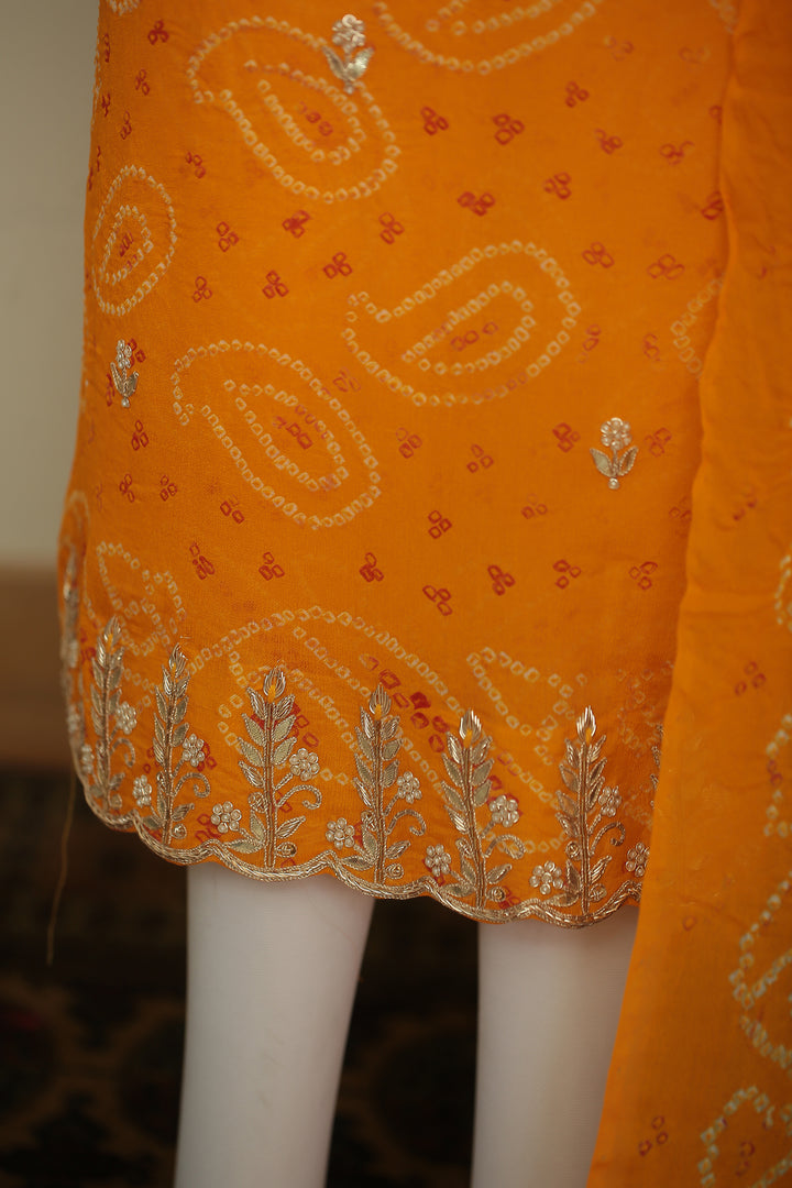 Bandhej Chinon Unstitched Suit with Dori, Gota, Gota Patti, Zardozi, Zari work.