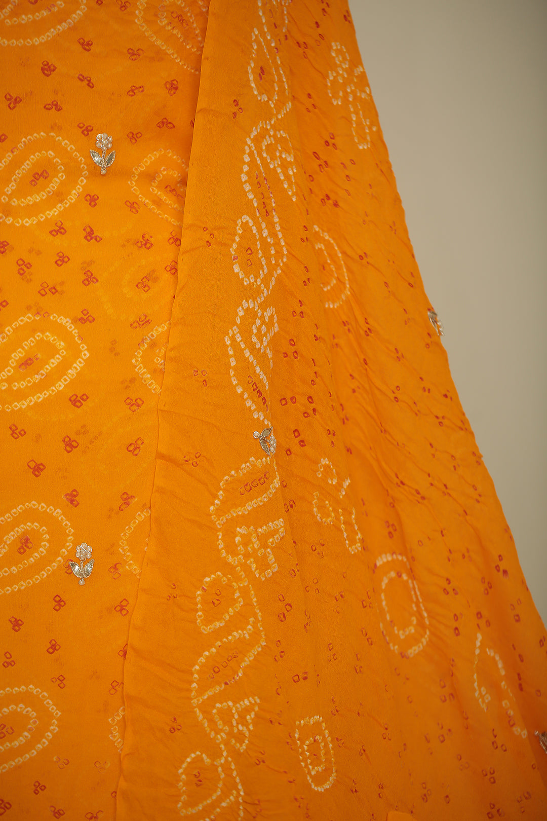 Bandhej Chinon Unstitched Suit with Dori, Gota, Gota Patti, Zardozi, Zari work.