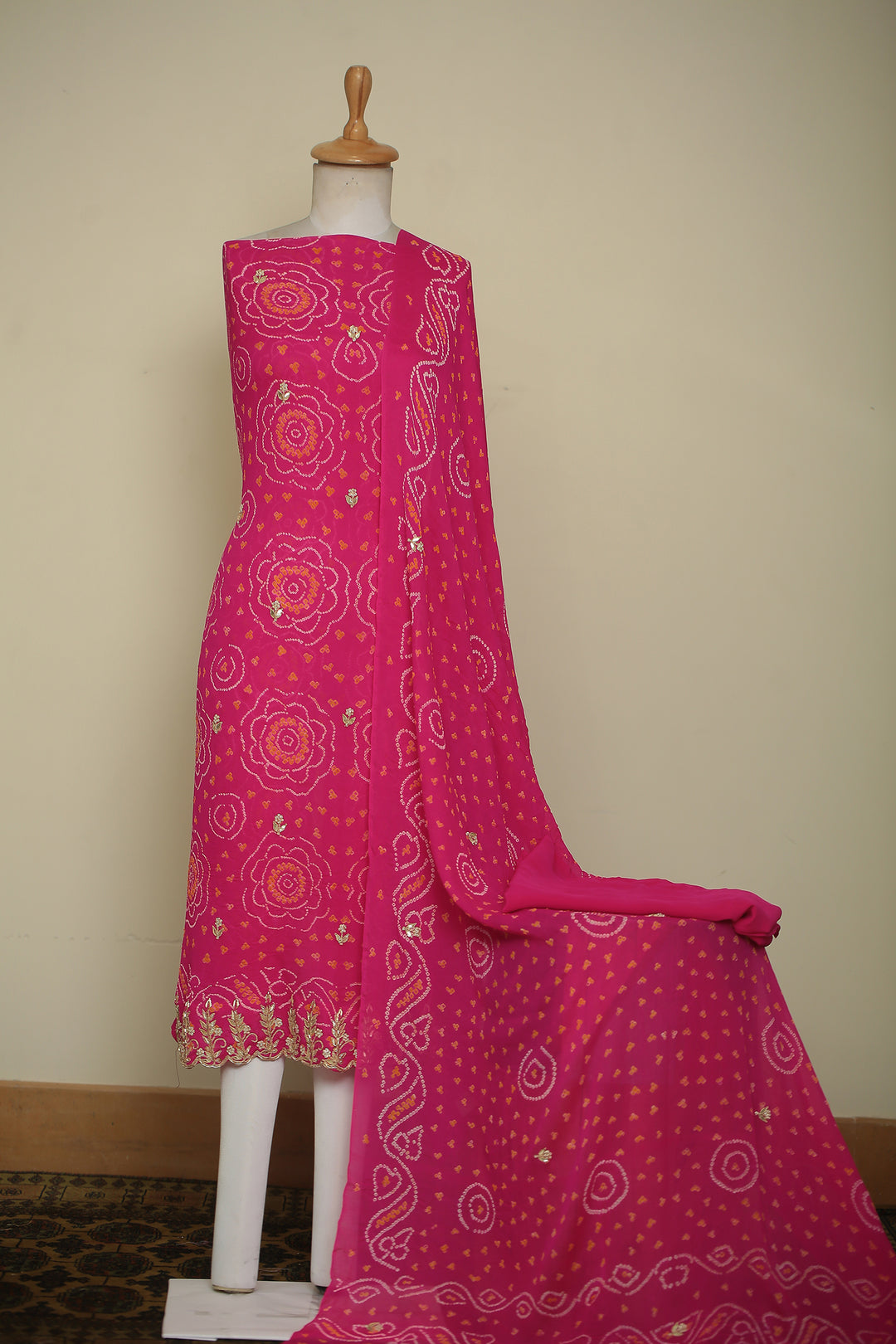 Bandhe Chinon Unstitched Suit with Dori, Gota Patti, Zardozi, Zari work.