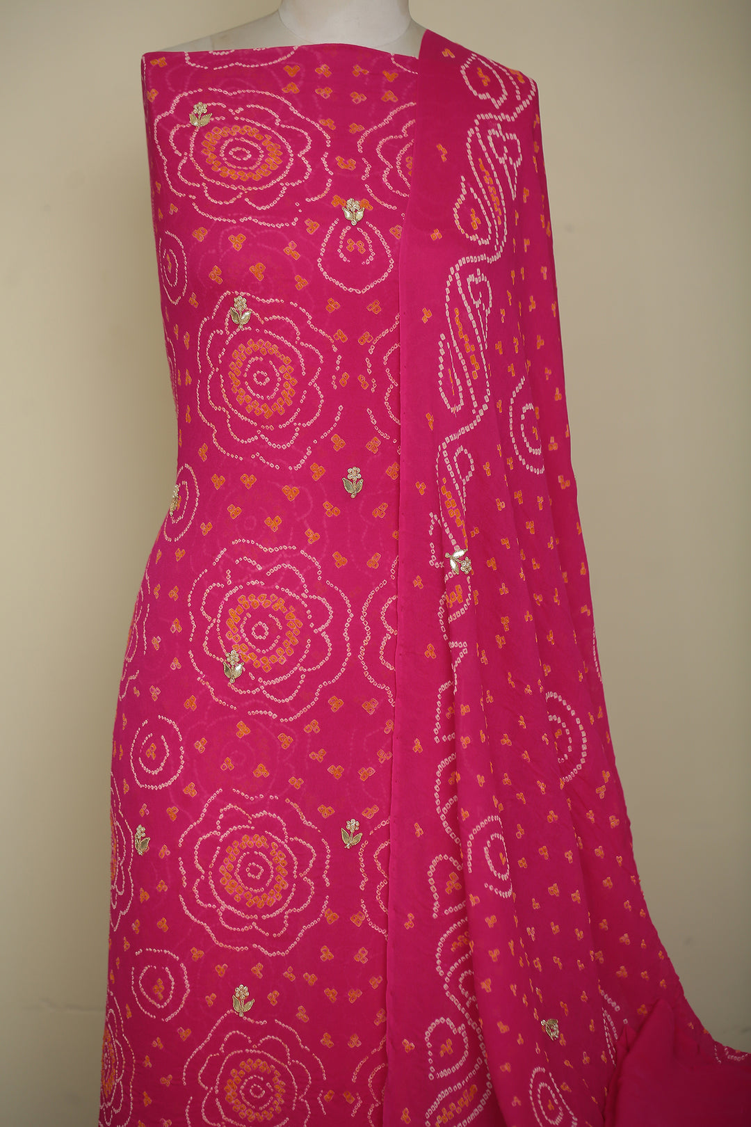 Bandhe Chinon Unstitched Suit with Dori, Gota Patti, Zardozi, Zari work.