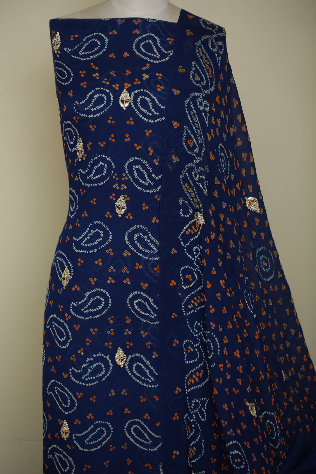 Bandhe Chinon Unstitched Suit with Dori, Gota Patti, Zardozi, Zari work.