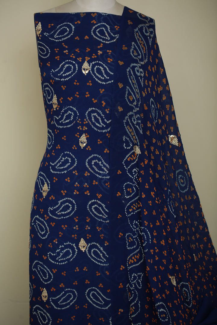 Bandhe Chinon Unstitched Suit with Dori, Gota Patti, Zardozi, Zari work.