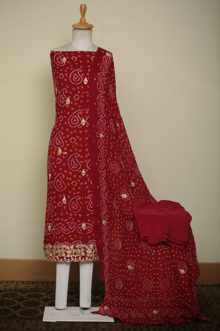 Bandhe Chinon Unstitched Suit with Dori, Gota Patti, Zardozi, Zari work.