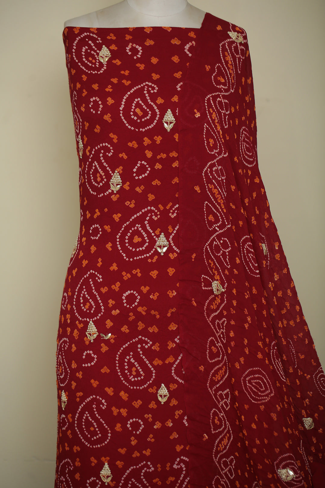 Bandhe Chinon Unstitched Suit with Dori, Gota Patti, Zardozi, Zari work.