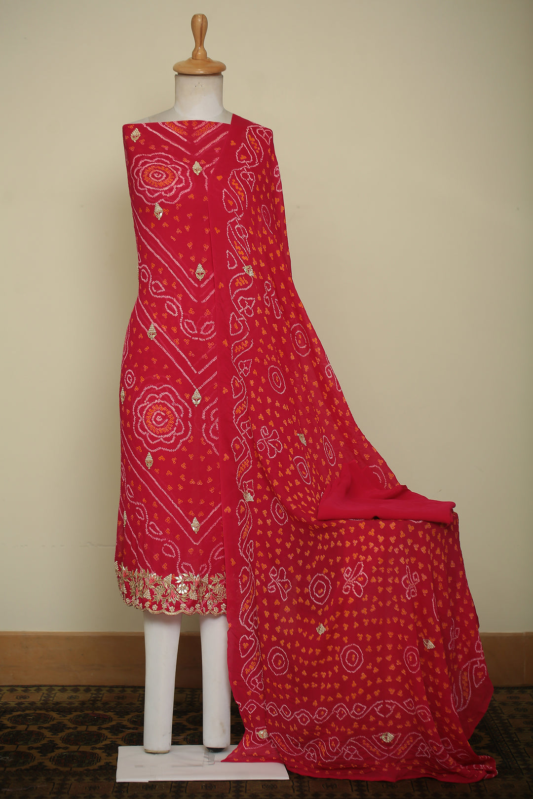 Bandhej Chinon Unstitched Suit with Dori, Gota, Gota Patti, Zardozi, Zari work.