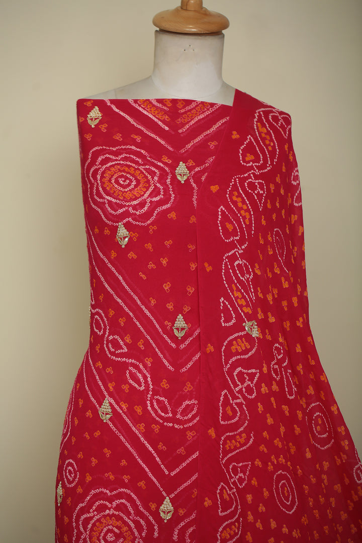 Bandhej Chinon Unstitched Suit with Dori, Gota, Gota Patti, Zardozi, Zari work.