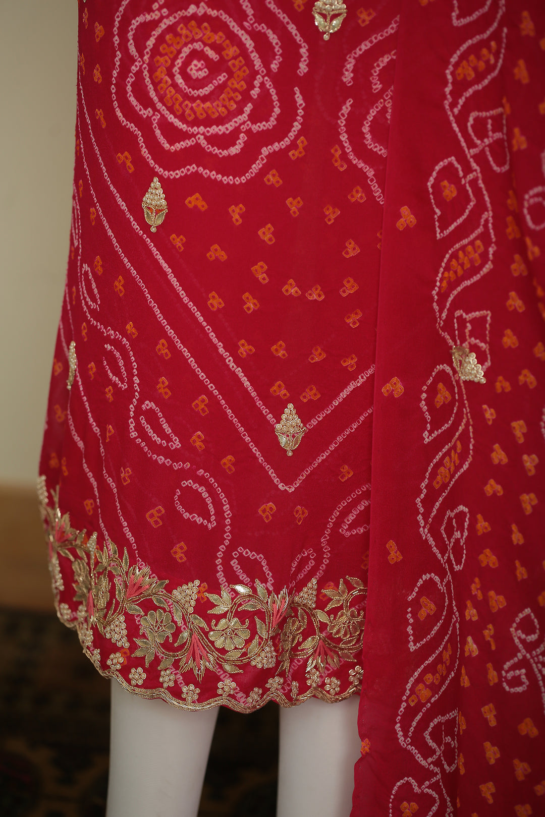 Bandhej Chinon Unstitched Suit with Dori, Gota, Gota Patti, Zardozi, Zari work.