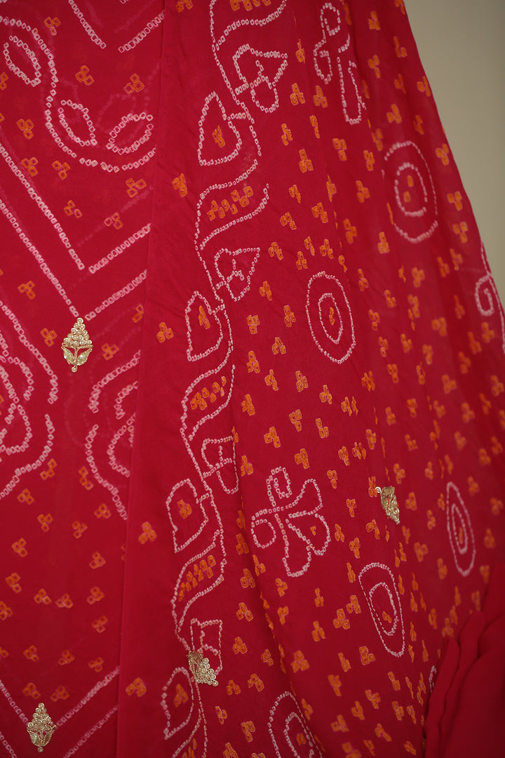 Bandhej Chinon Unstitched Suit with Dori, Gota, Gota Patti, Zardozi, Zari work.