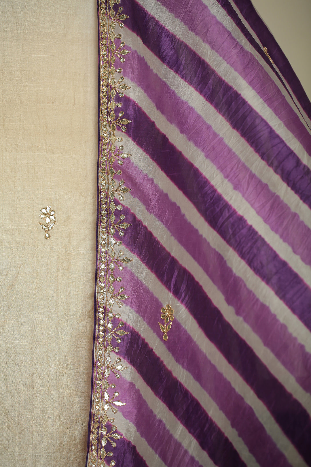 Tussar silk Unstitched Suit with Gota, Gota Patti, Zari work.