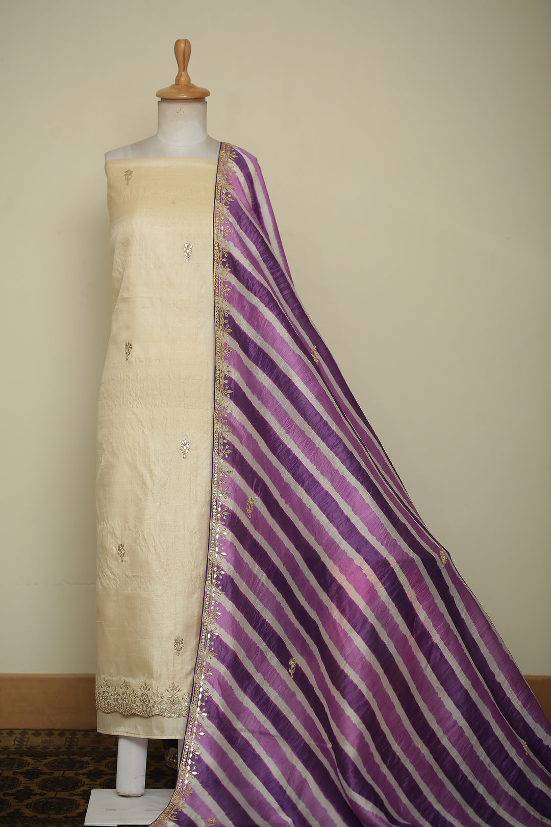 Tussar silk Unstitched Suit with Gota, Gota Patti, Zari work.