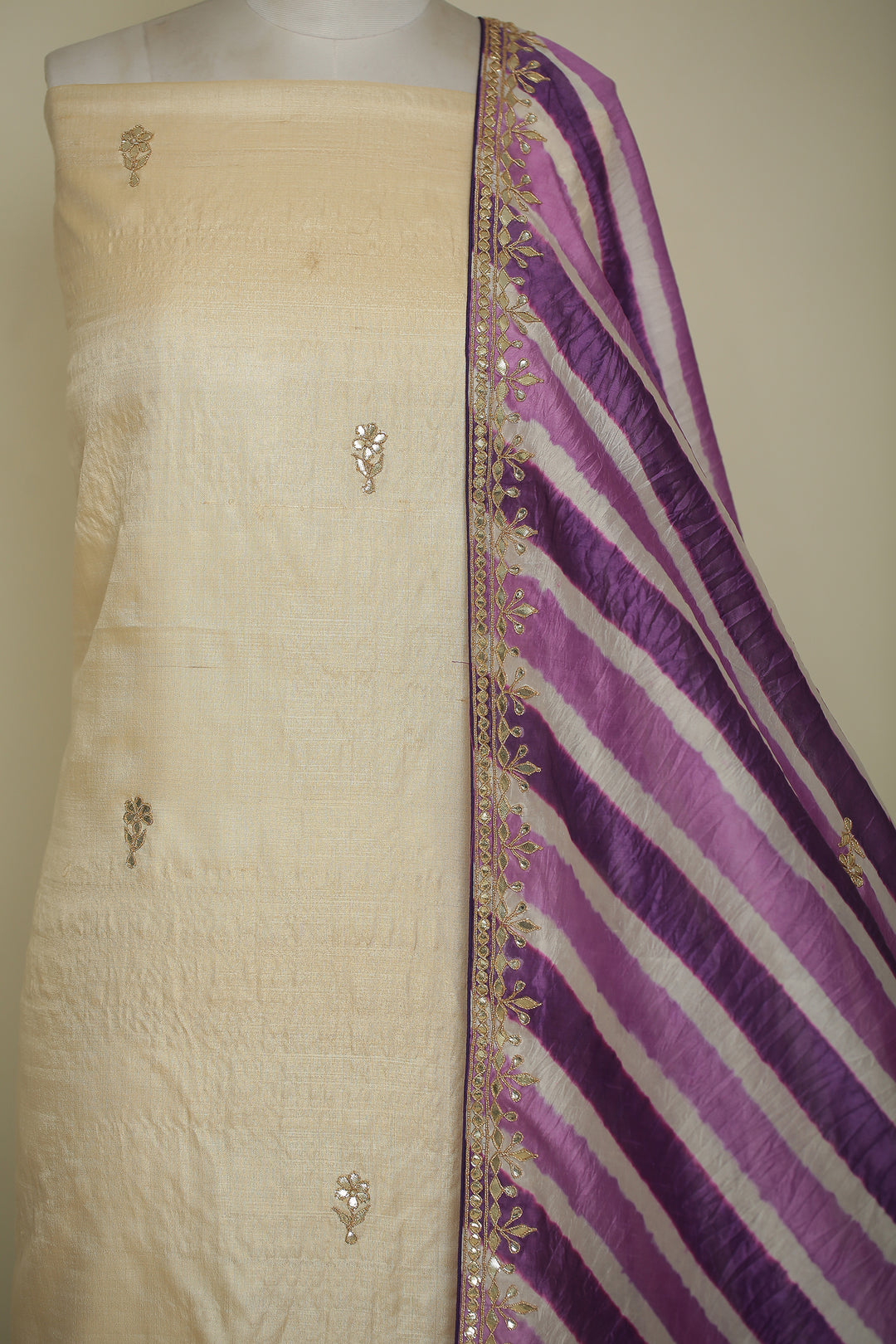 Tussar silk Unstitched Suit with Gota, Gota Patti, Zari work.