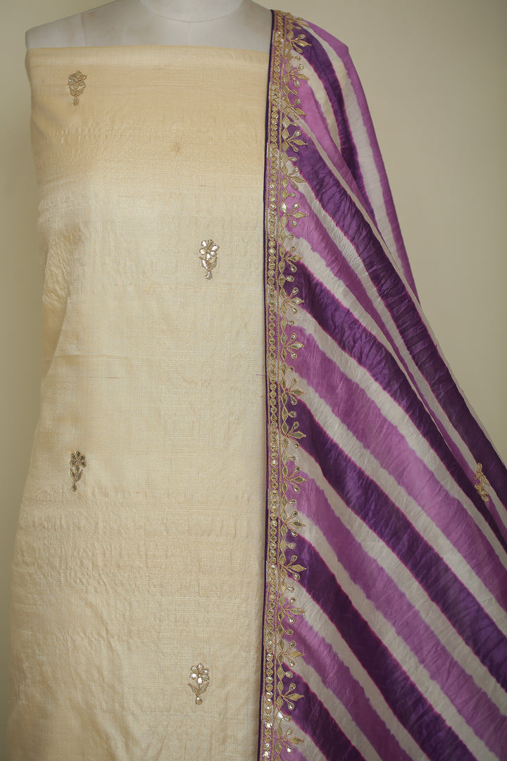 Tussar silk Unstitched Suit with Gota, Gota Patti, Zari work.